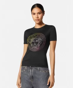 Outlet Kristallbesetztes Medusa T-Shirt Damen T-Shirts & Sweatshirts