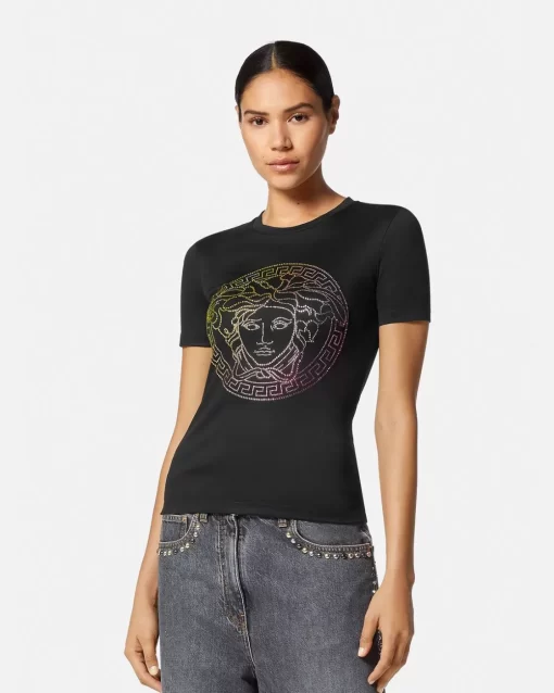 Outlet Kristallbesetztes Medusa T-Shirt Damen T-Shirts & Sweatshirts